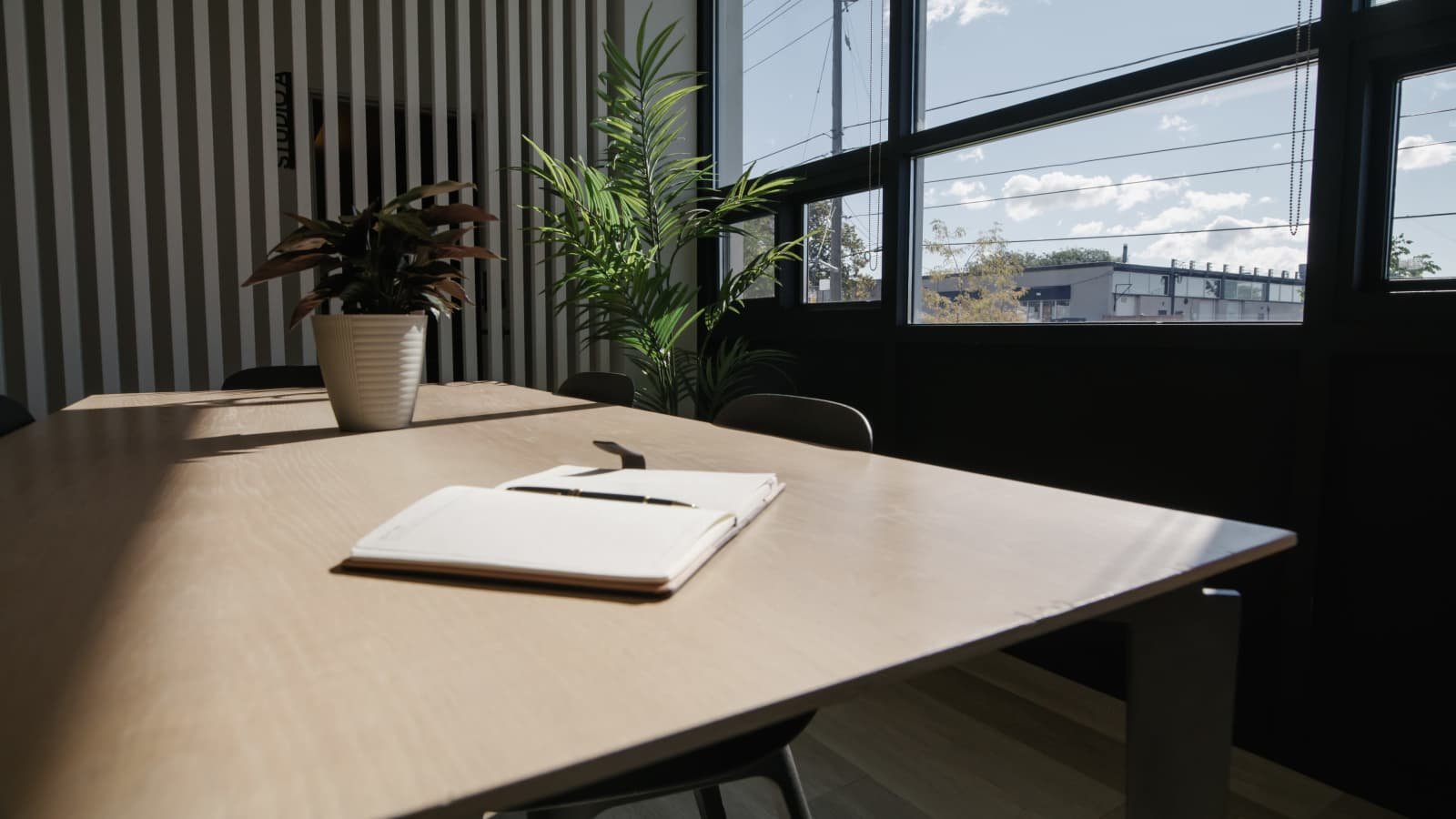 Conference table setup at Encounter Film Studios